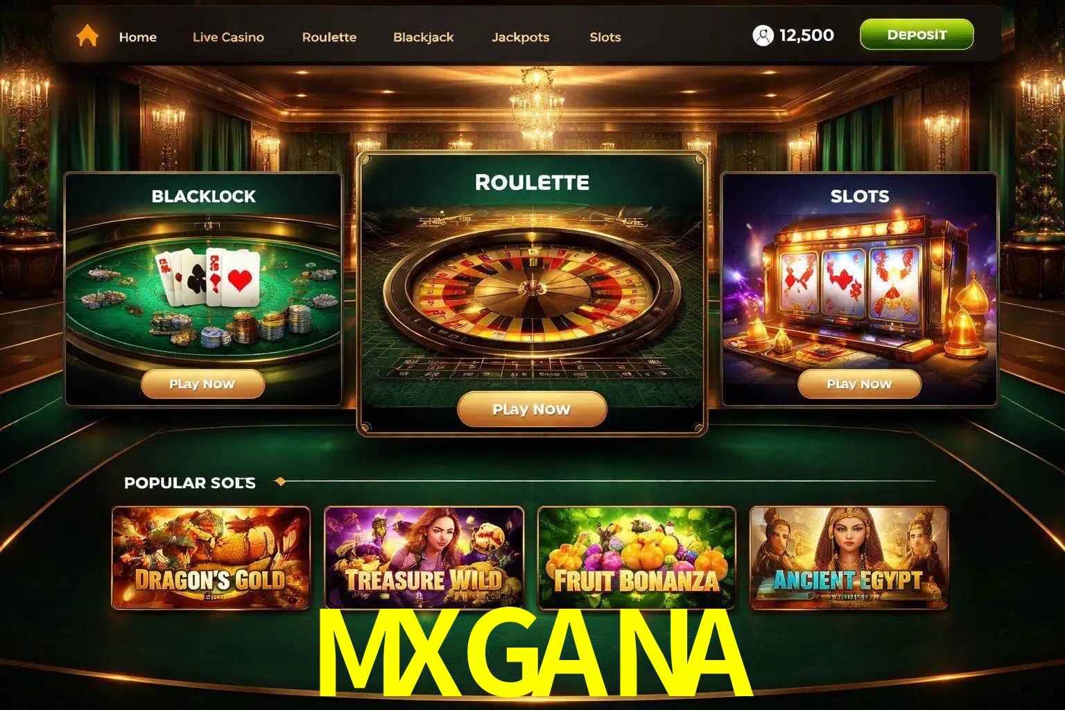 Vista de la plataforma MXGANA Casino mostrando categorías organizadas de juegos en línea